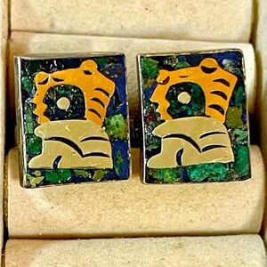 Southwest Sterling Silver & Brass & Gold Cufflinks, Crushed Turquoise Taxco